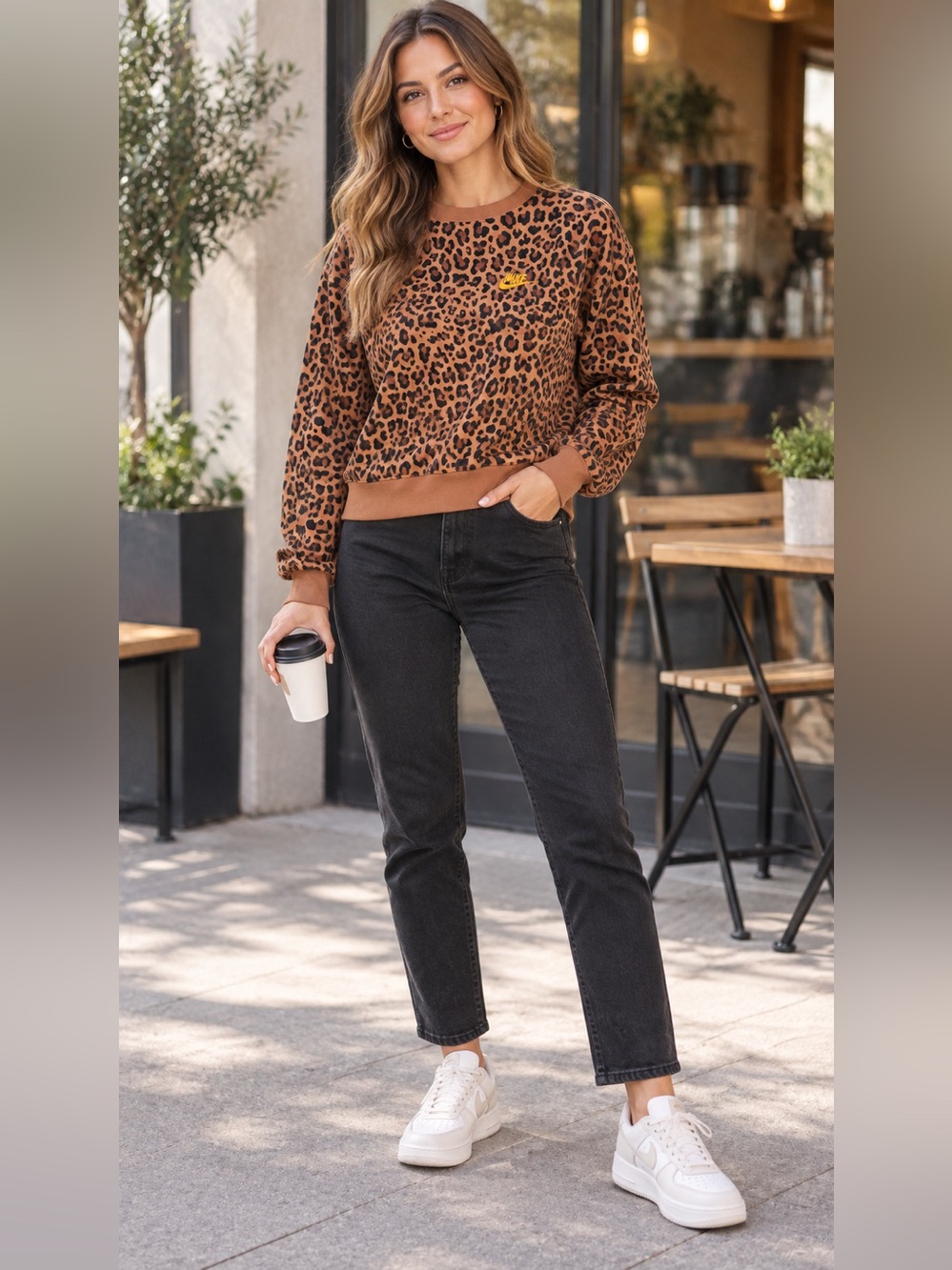Nike Brown Leopard Crewneck Sweatshirt with Yellow Logo